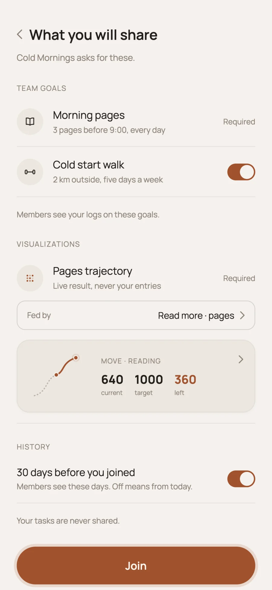 Reflet team invitation listing what you will share, with required and optional items