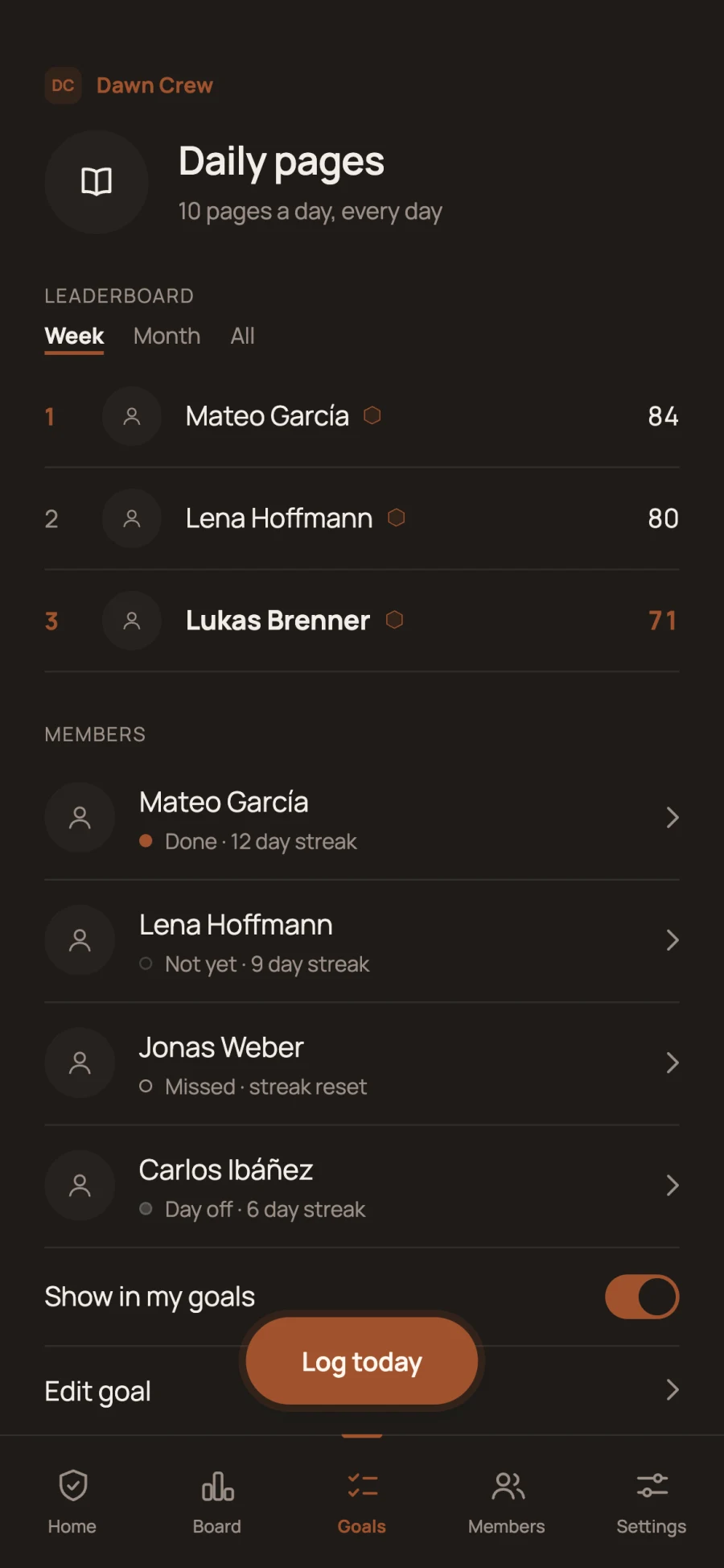 Reflet team goal with leaderboard and member progress
