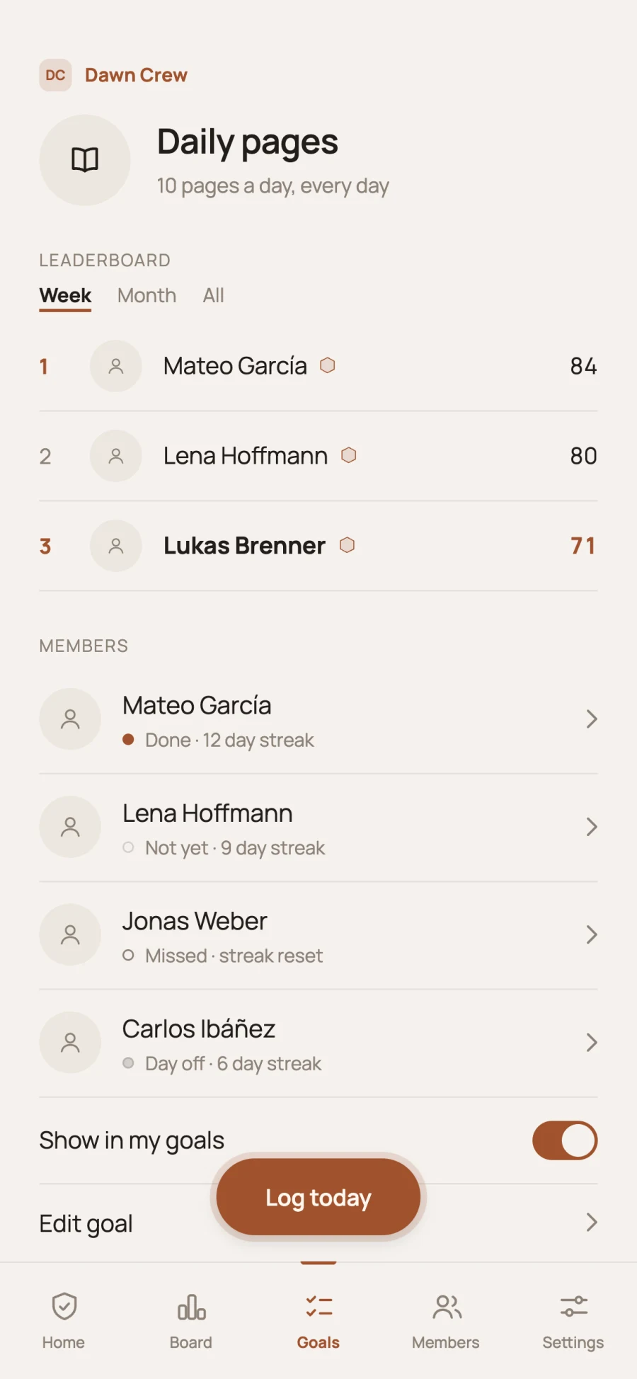 Reflet team goal with leaderboard and member progress