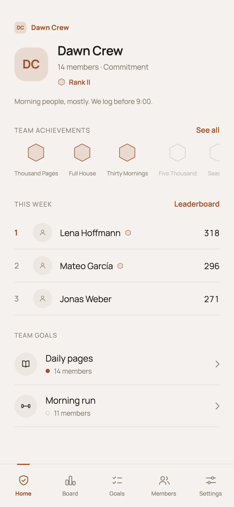 Reflet team home with team achievements, a leaderboard and team goals