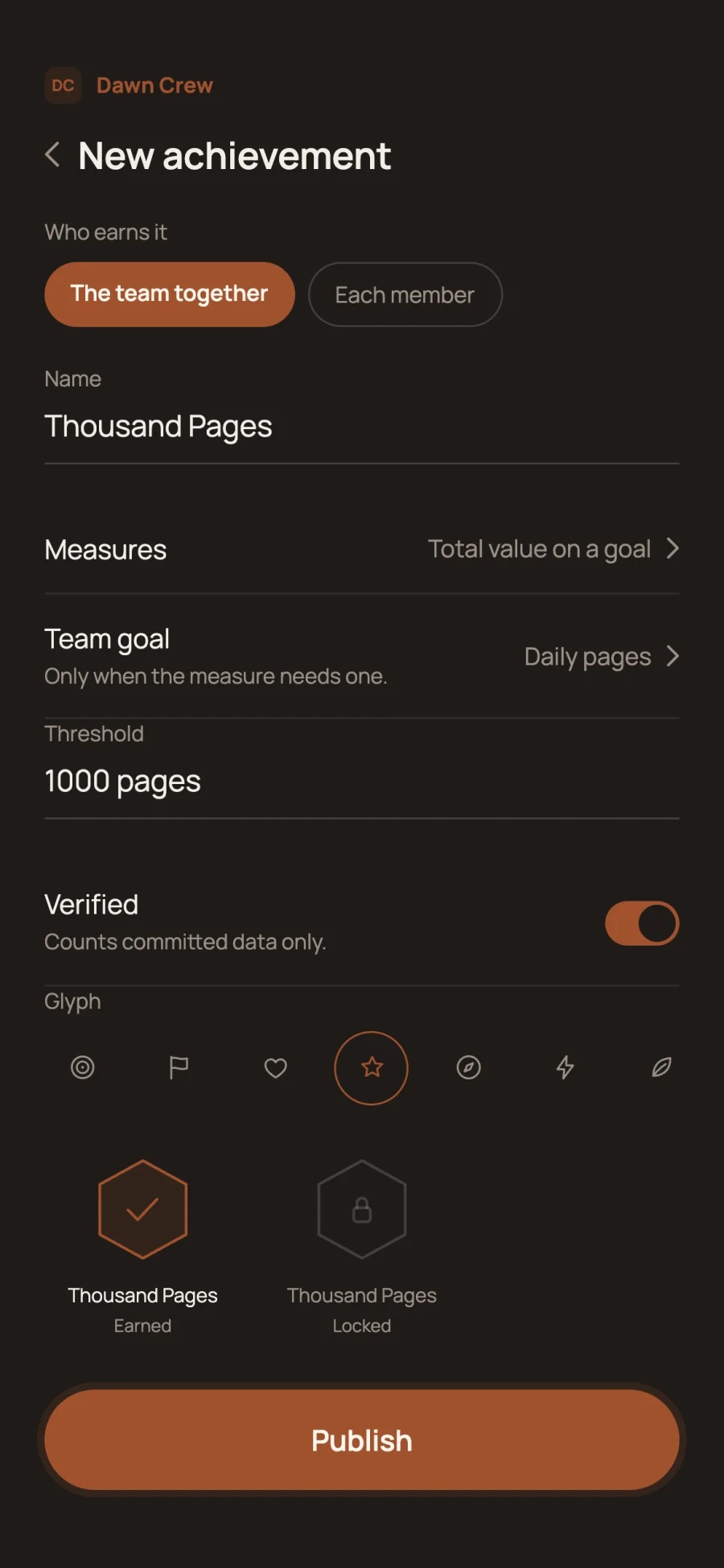 Reflet new team achievement form with a preview of the earned and locked badge