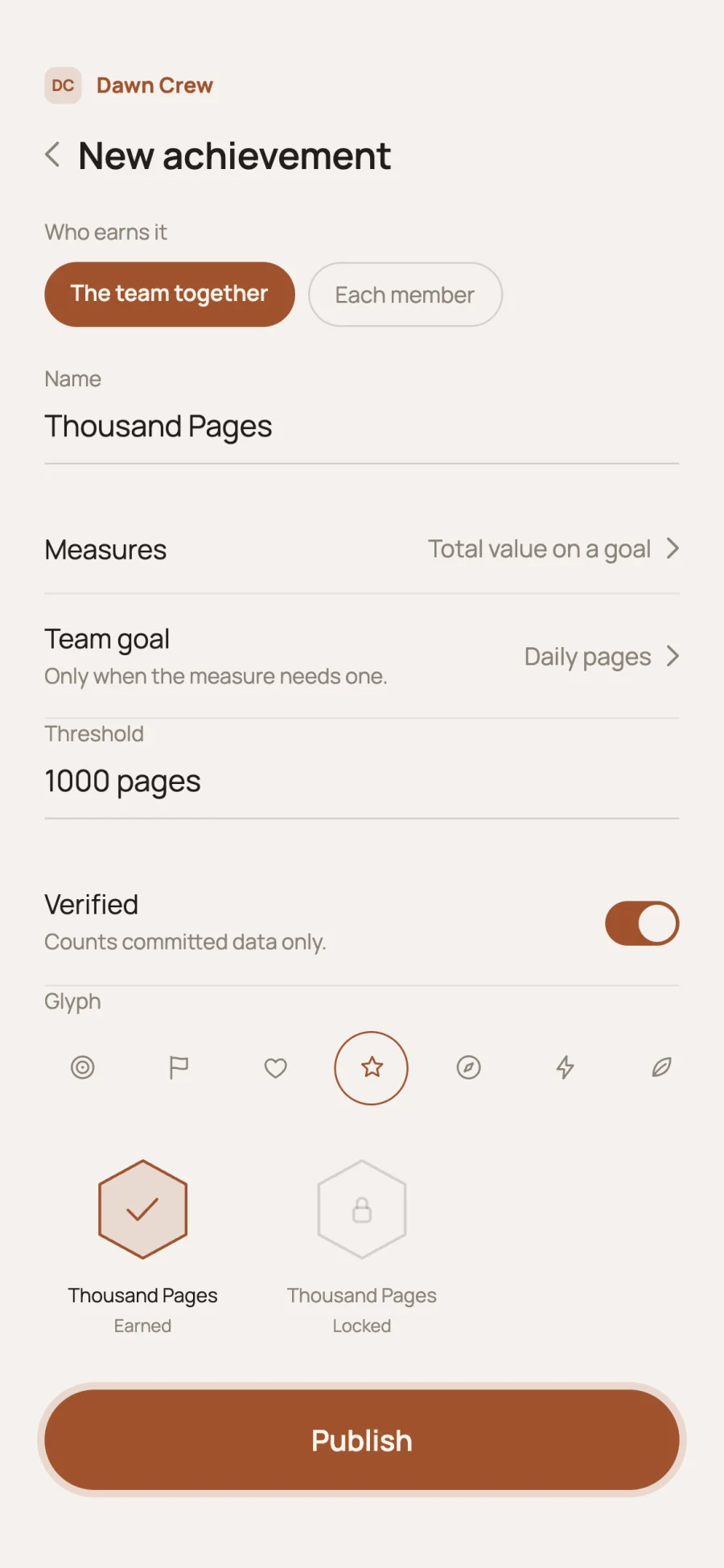 Reflet new team achievement form with a preview of the earned and locked badge